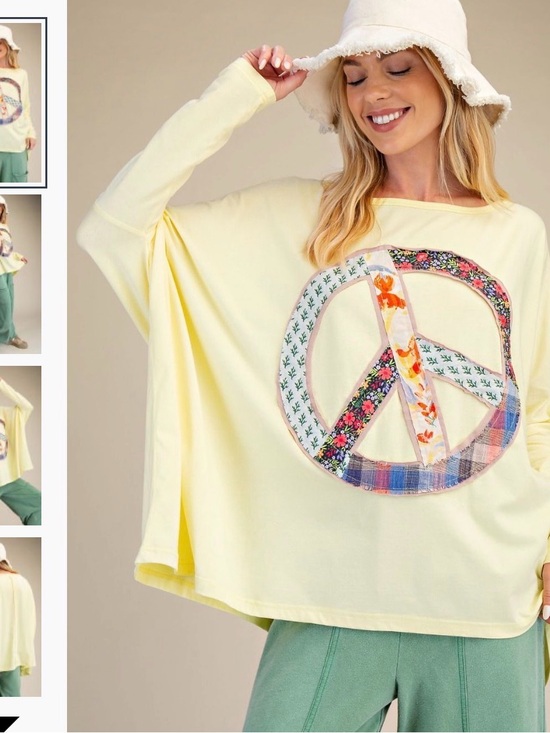Easel Los Angeles Tops - Women's Patchwork Peace Sign Oversized Sweatshirt - Yellow